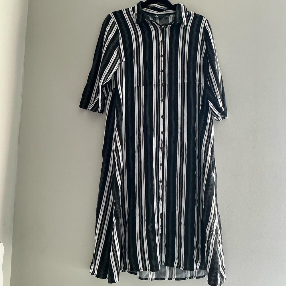 FIG Black White Striped Button Front Midi Shirt Dress XL Travel Minimalist